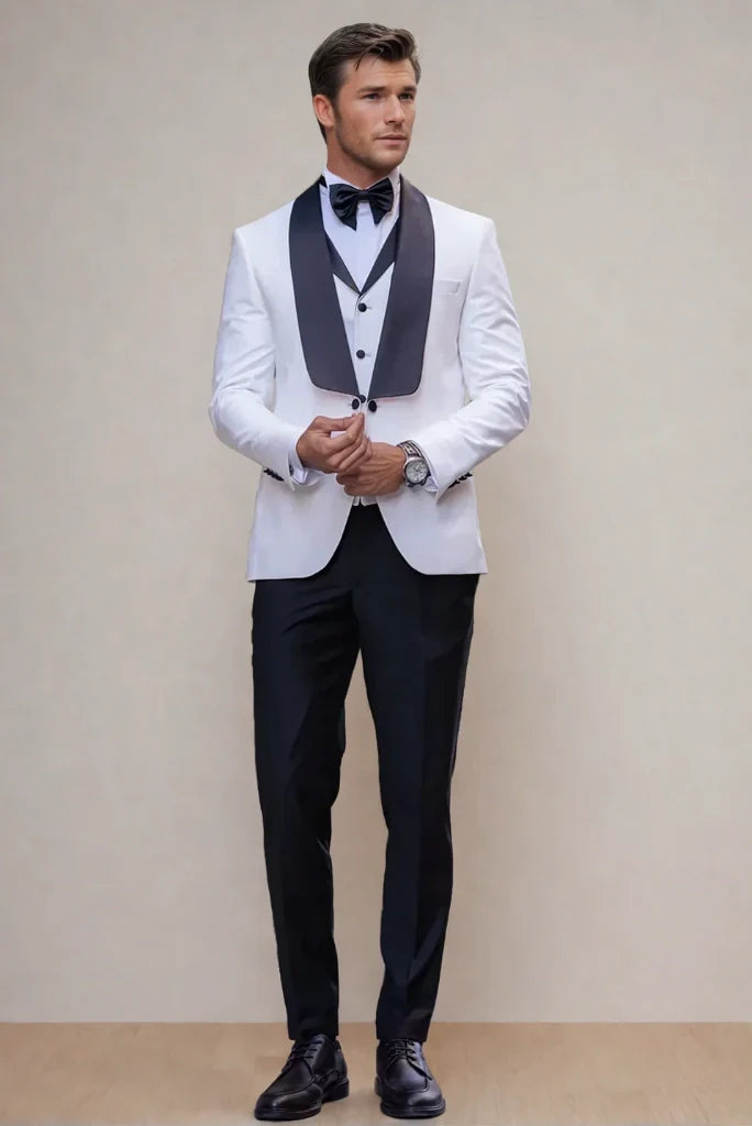 Black lapel tuxedo three piece suit for men