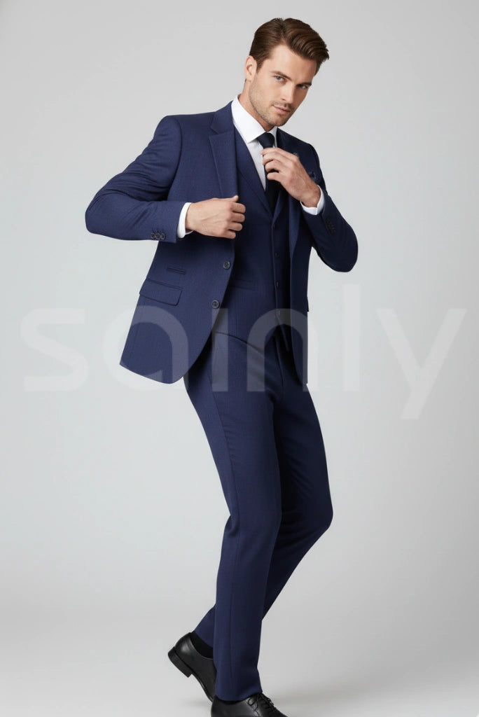 Classic blue tweed three piece bespoke groom outfit
