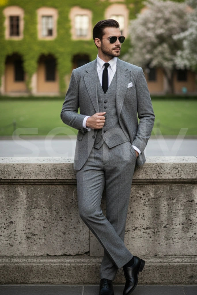 Classic grey tweed three piece suit groom outfit