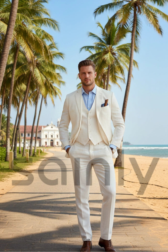 Elegant white three piece suit for men wedding