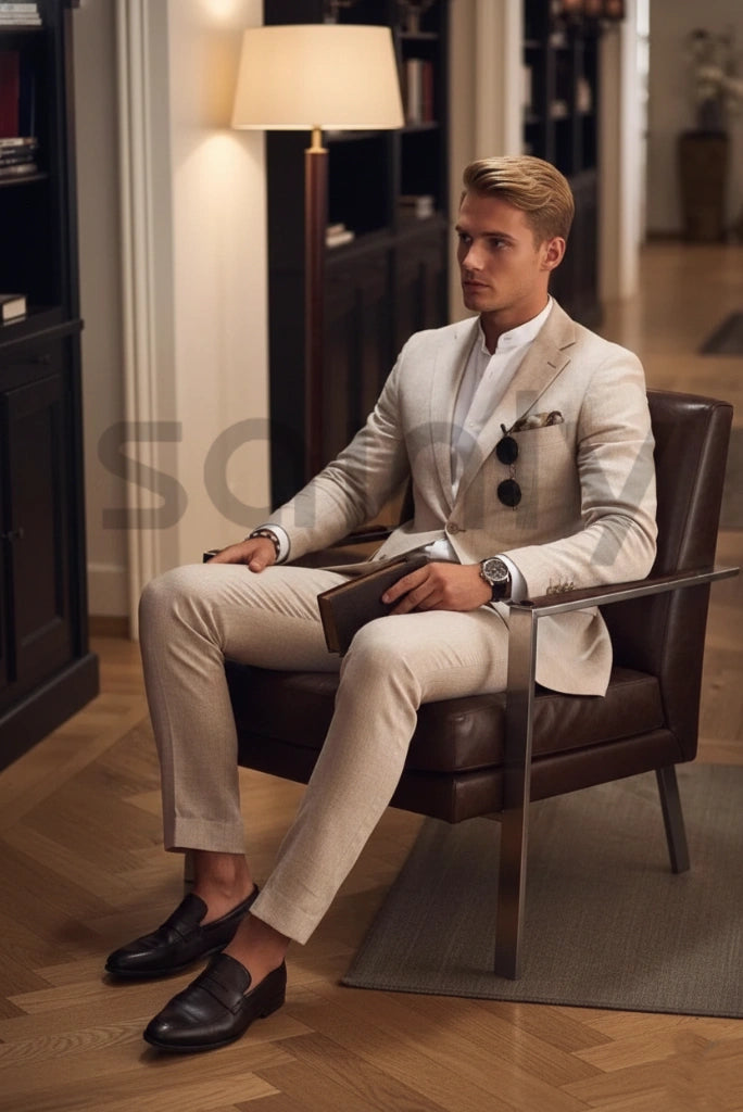 Sainly_Mens_Beige_Two_Piece_Suit_sitting