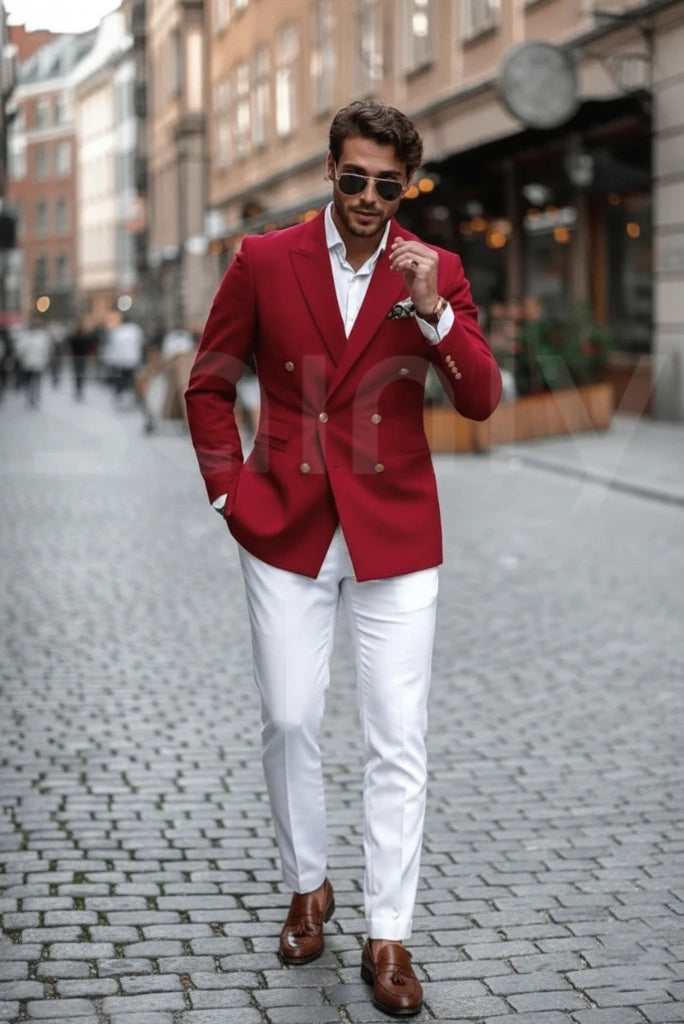 Premium Red and White Double Breasted Suit (full front)