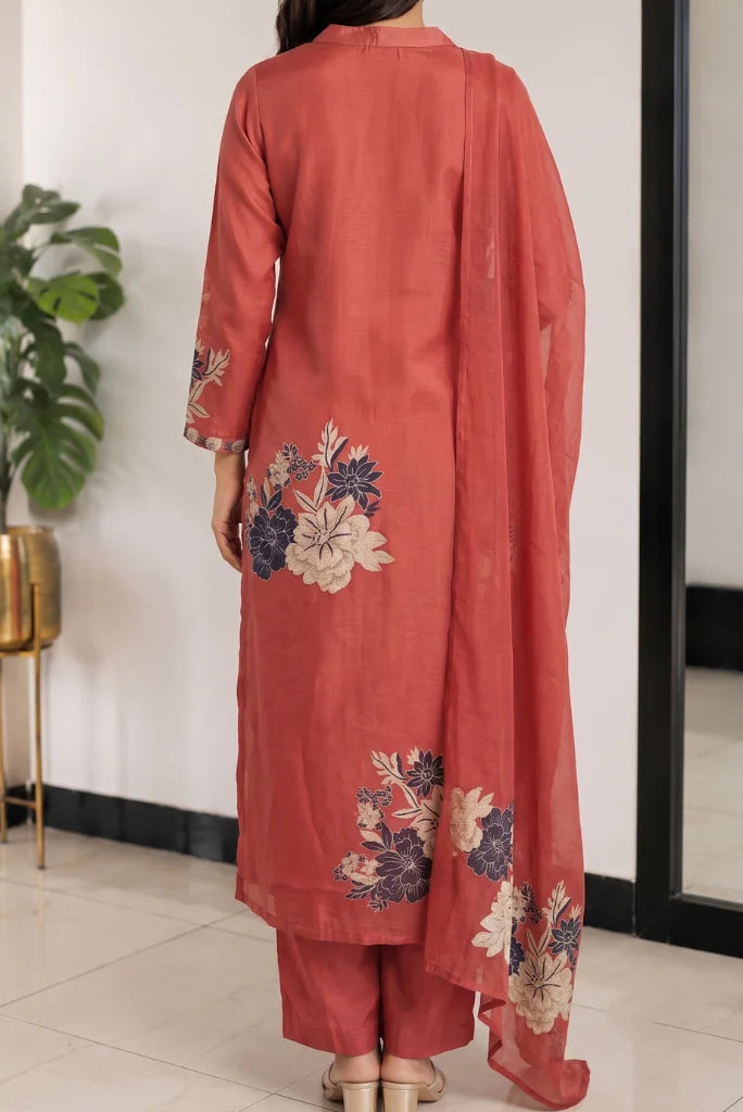 Sheer rust dupatta with floral ends styled with straight pants and nude heels back view