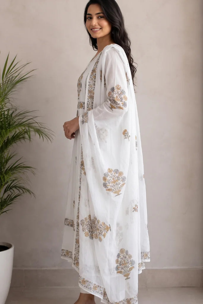 Sheer white dupatta with floral border styled with white pants and silver sandals