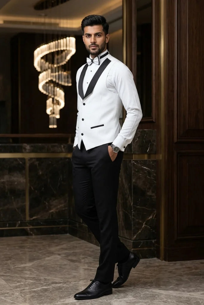 Side view of a men’s white formal vest with contrasting black lapel detailing