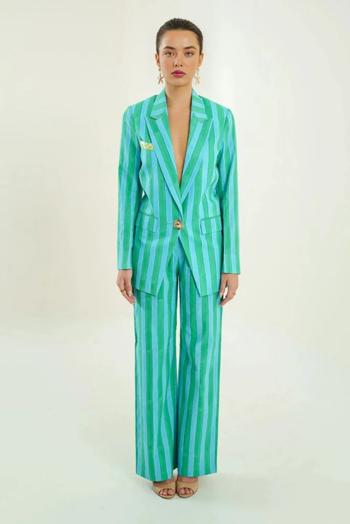 Stylish women green and blue matching co ord outfit-Front