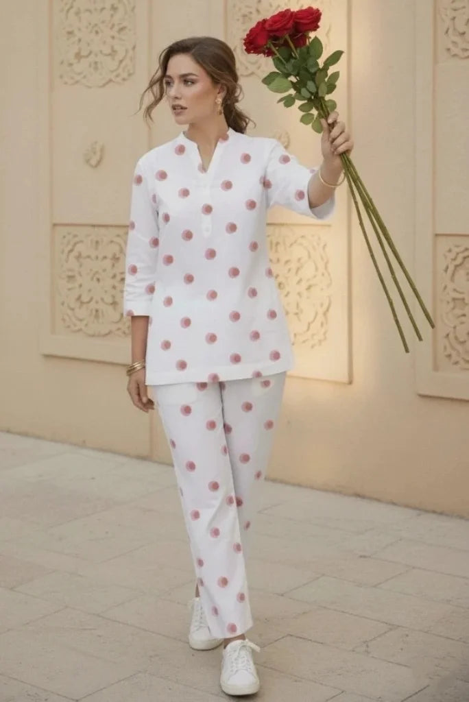 Trendy women hand block printed two piece suit for casual wear