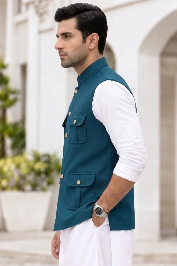 Tweed Band Collar Handmade Indian Modi Vest side for men view