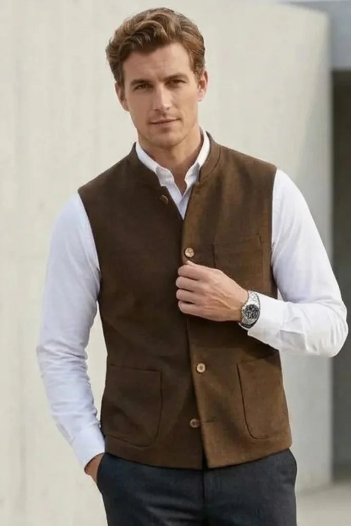 Brown textured Sadri waistcoat for men featuring button front and three pockets