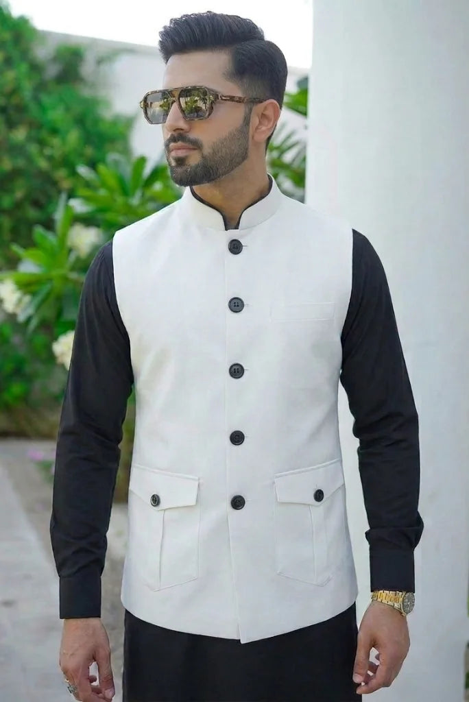 White 3 pocket Modi jacket for men_ traditional Indian out fit front view