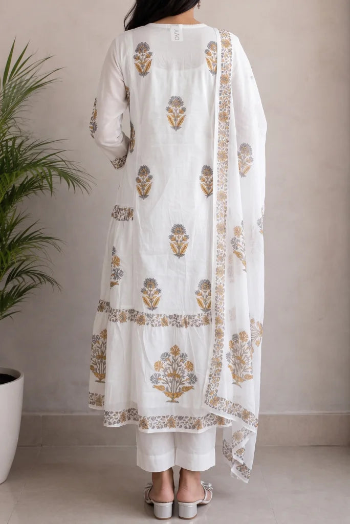 White Block Print Kurta Pant Set with Mustard Floral Motifs back view