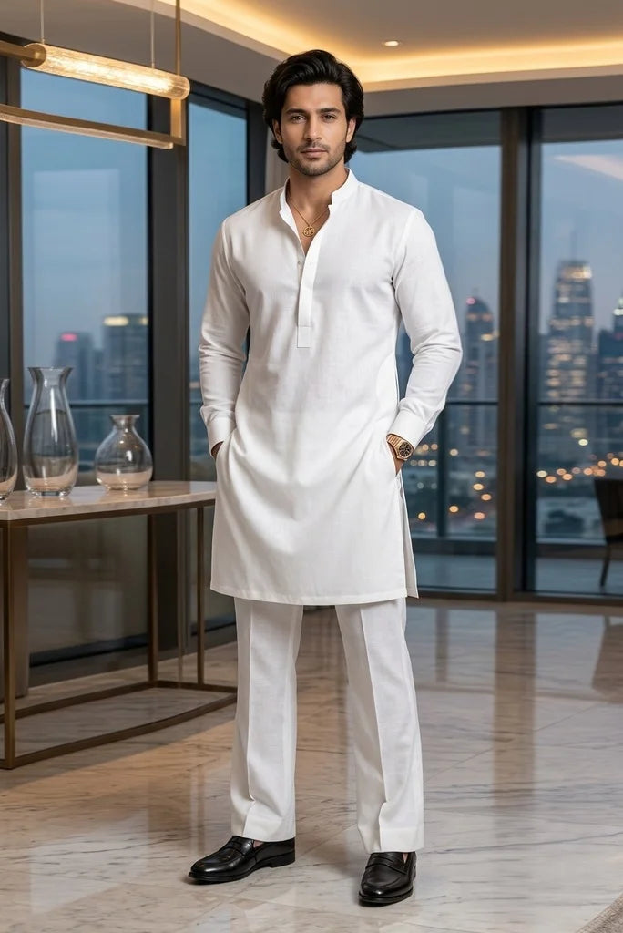 White bootcut pajama with front crease and slightly wide hem