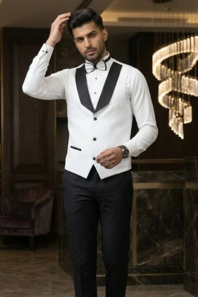 White formal waistcoat for men with contrasting black lapel