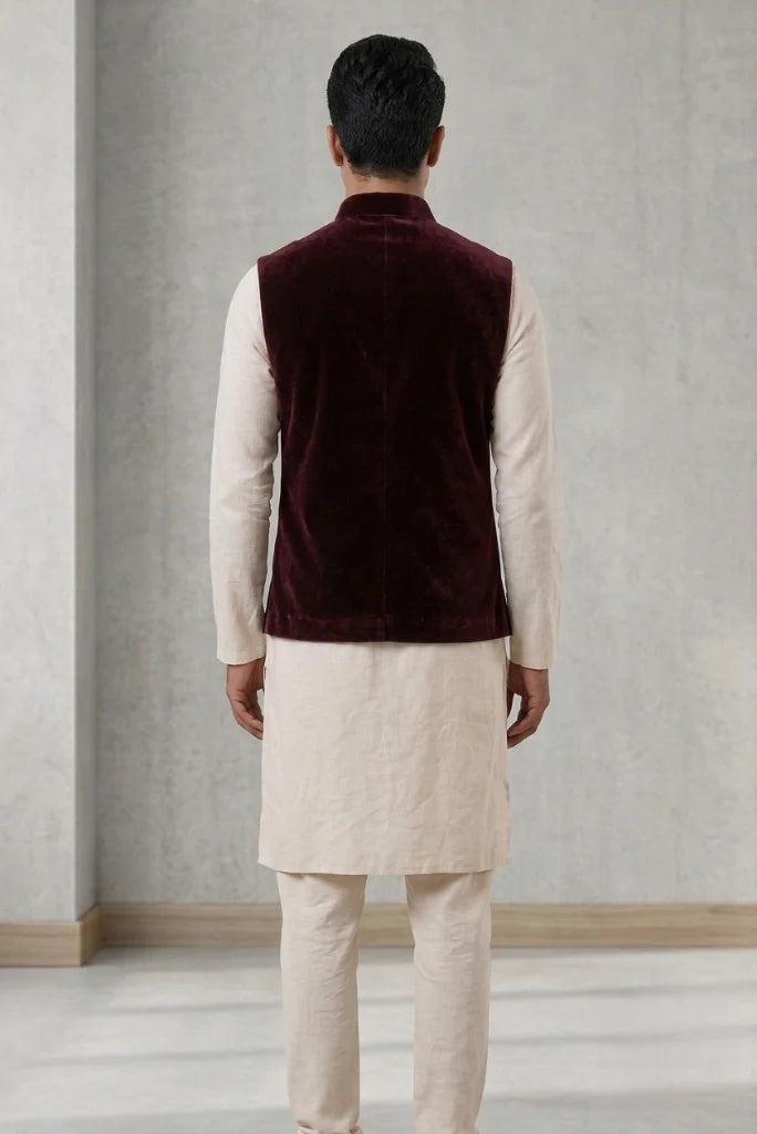 Wine_velvet_ethnic_waistcoat_for_men_with_chest_pocket_and_stand_collar_back_view