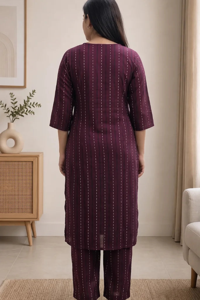 Wine and Black Printed Kurta Palazzo Set with Dupatta Back View