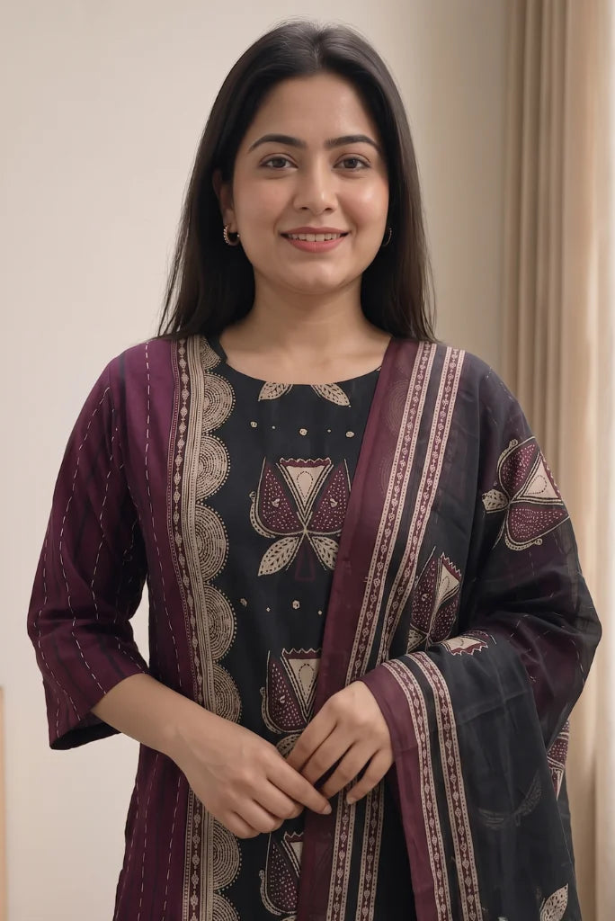 Wine palazzo with stitch lines styled with white heels and bordered black dupatta
