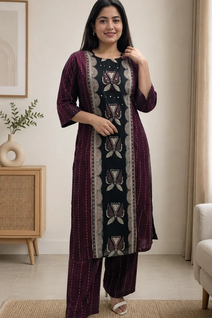 Wine striped running-stitch sleeve and side panel detail on kurta