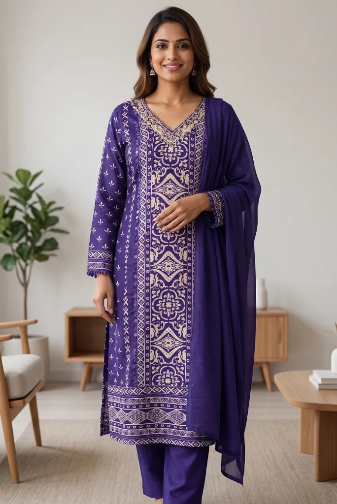 Woman in purple block print kurta pant set with sheer purple dupatta, front view
