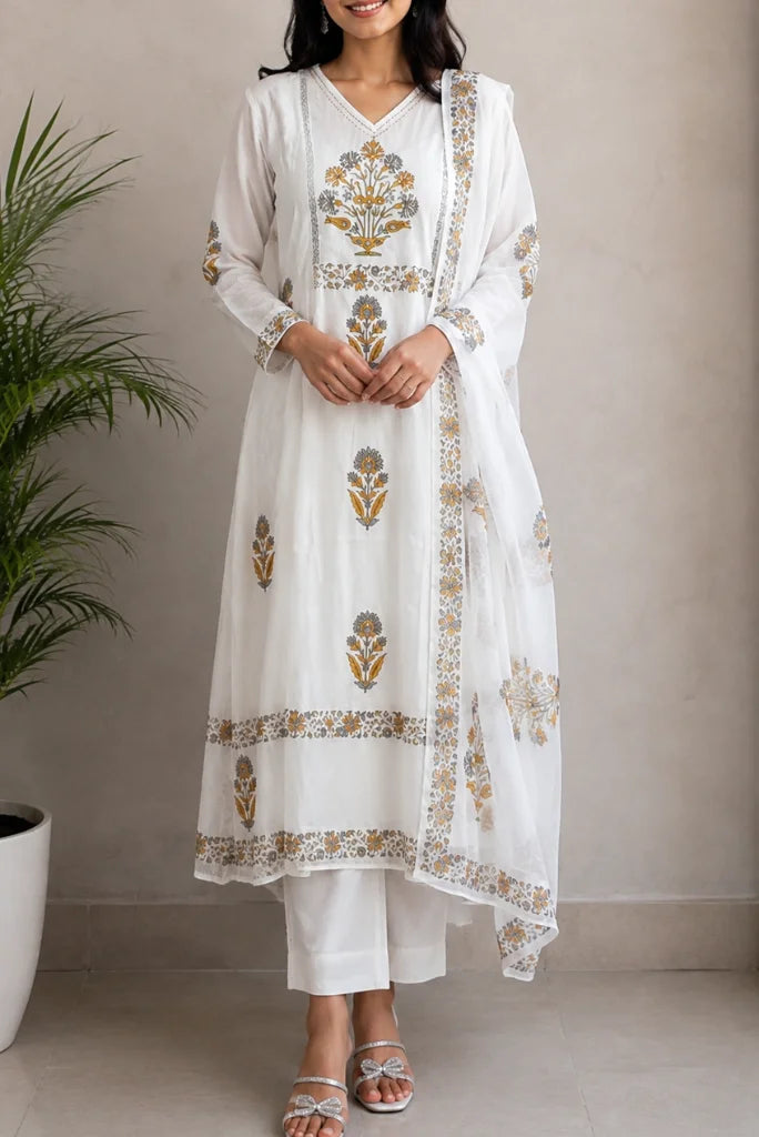 Woman in white kurta pant set with mustard floral print and sheer dupatta, front view