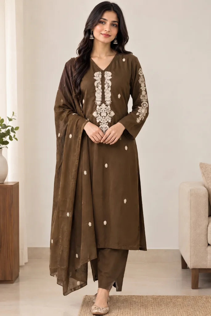 Woman wearing chocolate brown embroidered kurta pant set with sheer dupatta, front look