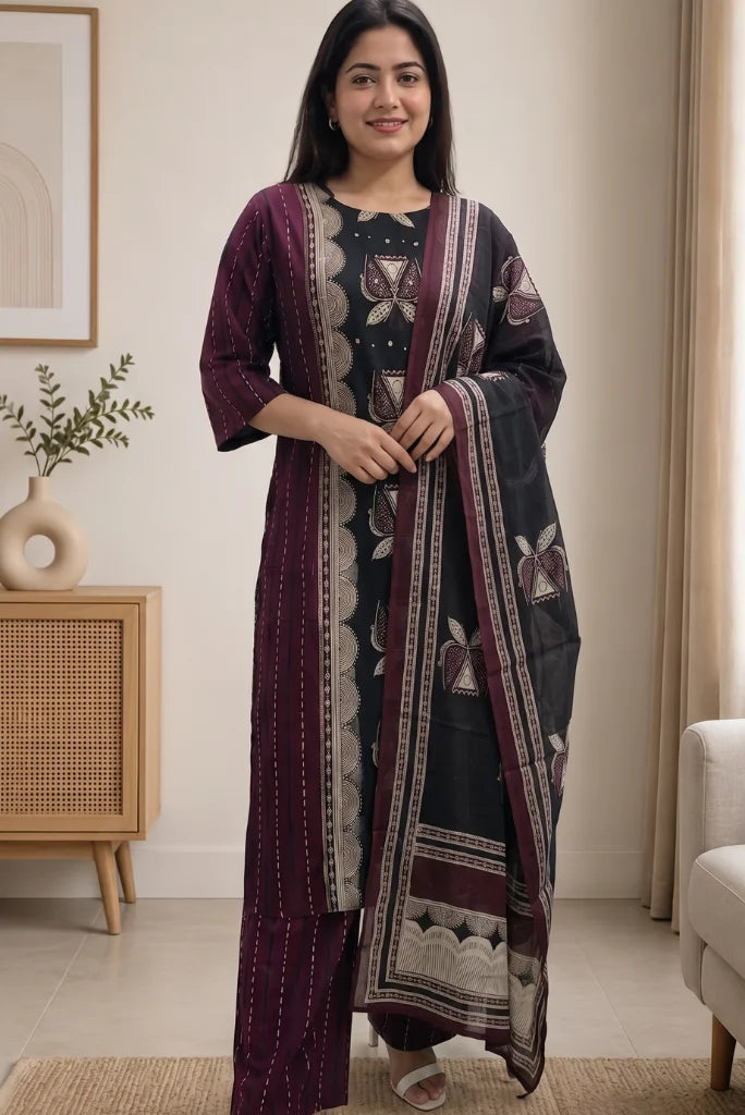 Woman wearing wine and black printed kurta palazzo set with black dupatta, full front look