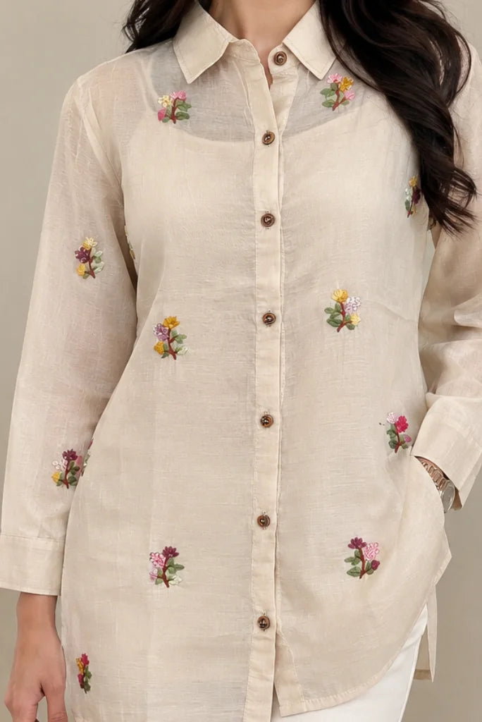 Women Multicolour floral hand embroidery on shirt