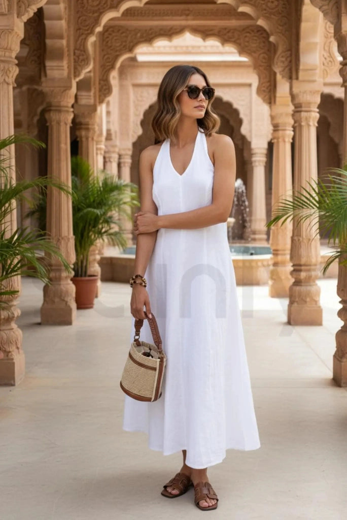 Women white linen dress