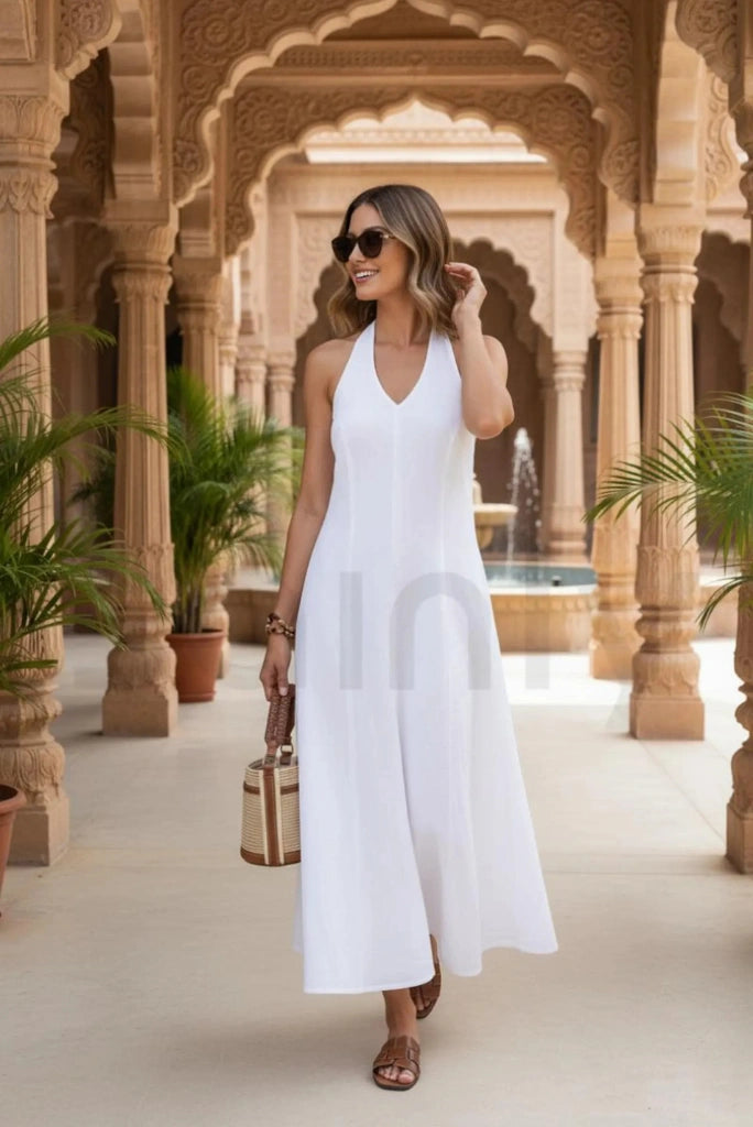 Women white halter neck maxi dress front-Front