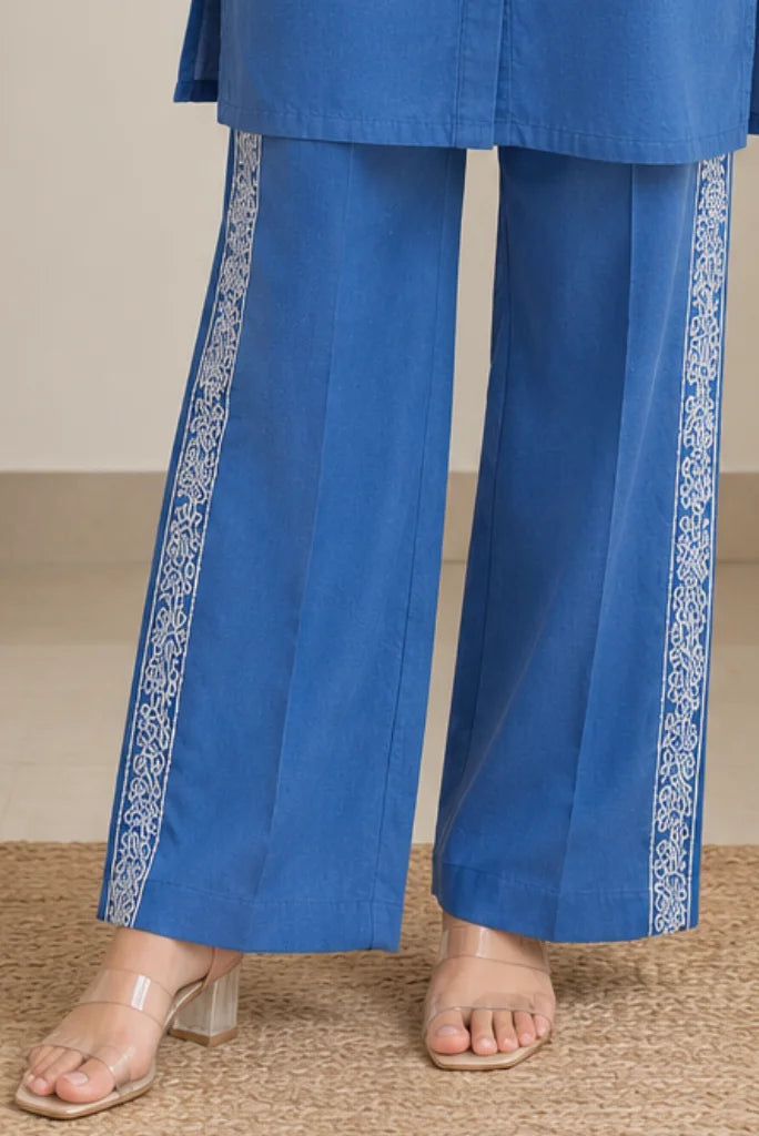 Women_s blue cotton kurta with white floral embroidery and palazzo pants