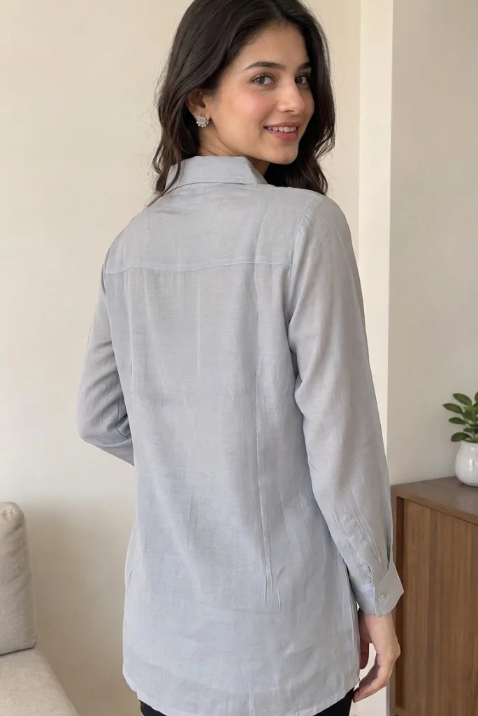 Women_s grey Mool Chanderi loose-fit shirt with separate sleeveless inner Back view