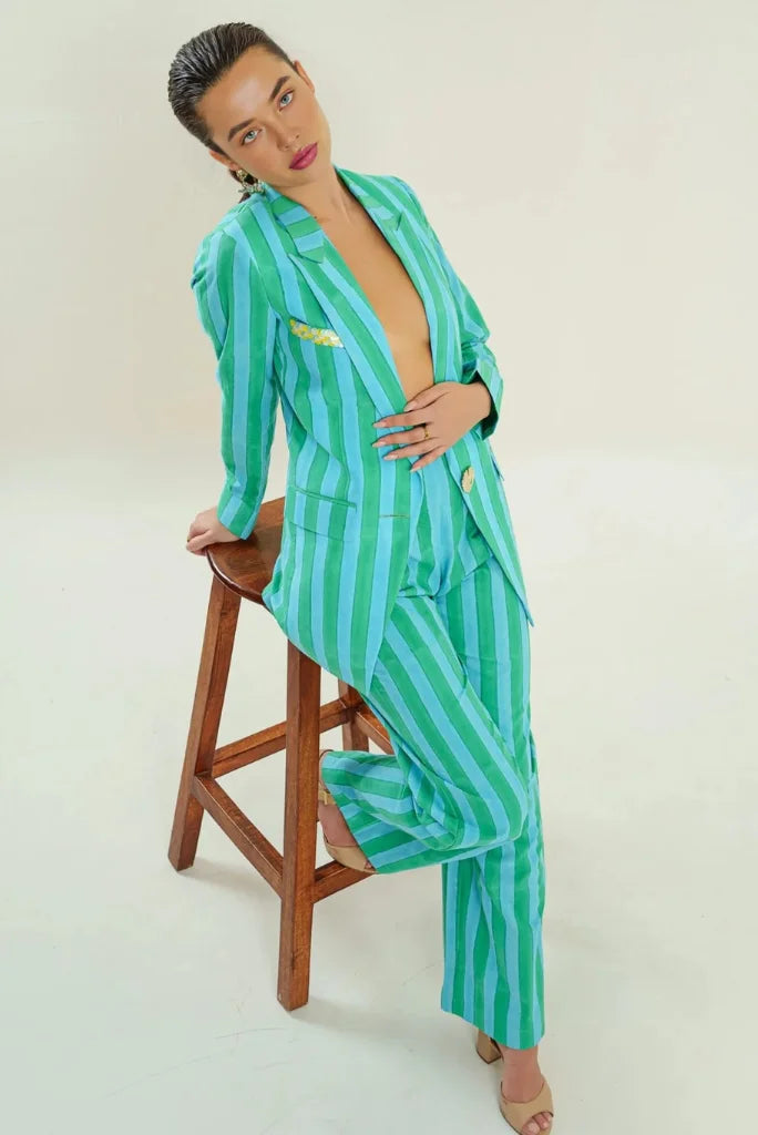 Women colorblock green and blue co ord set fashion look