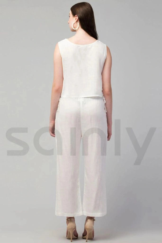 Women breathable white linen crop top and pant summer outfit-back