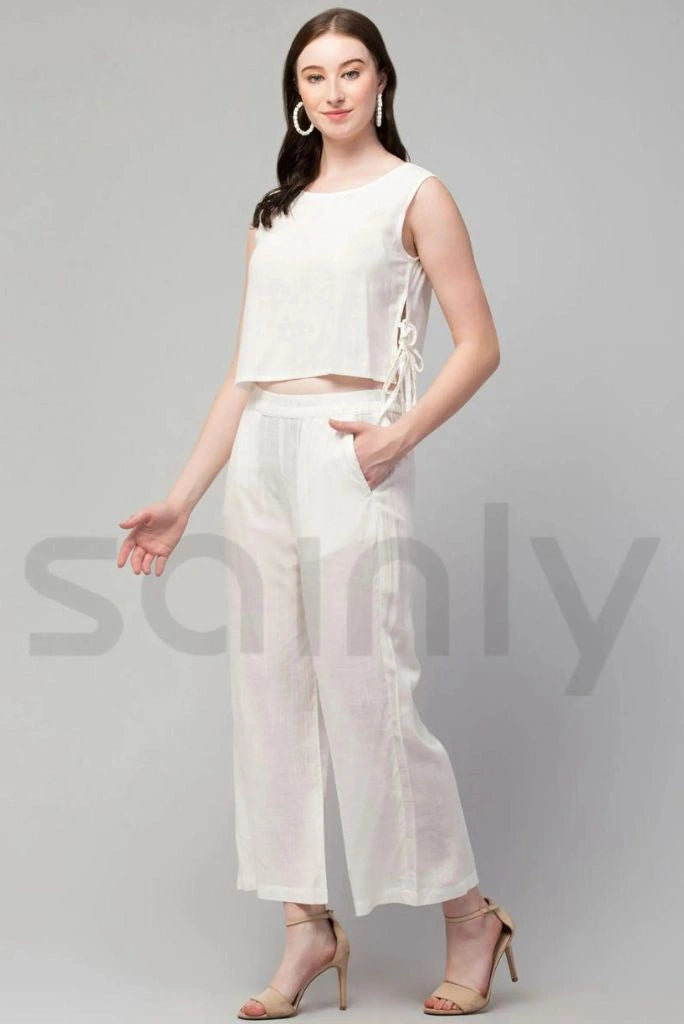 Casual women white linen crop top paired with pants