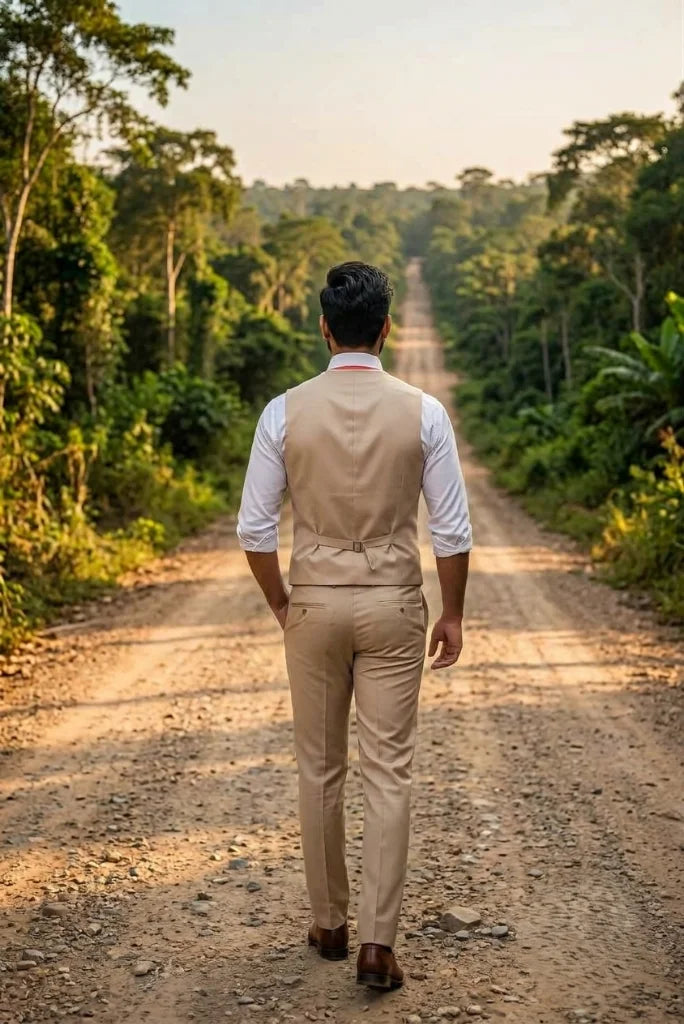 beige_readymade_V-neck_waistcoat_styled_with_white_shirt_back_view