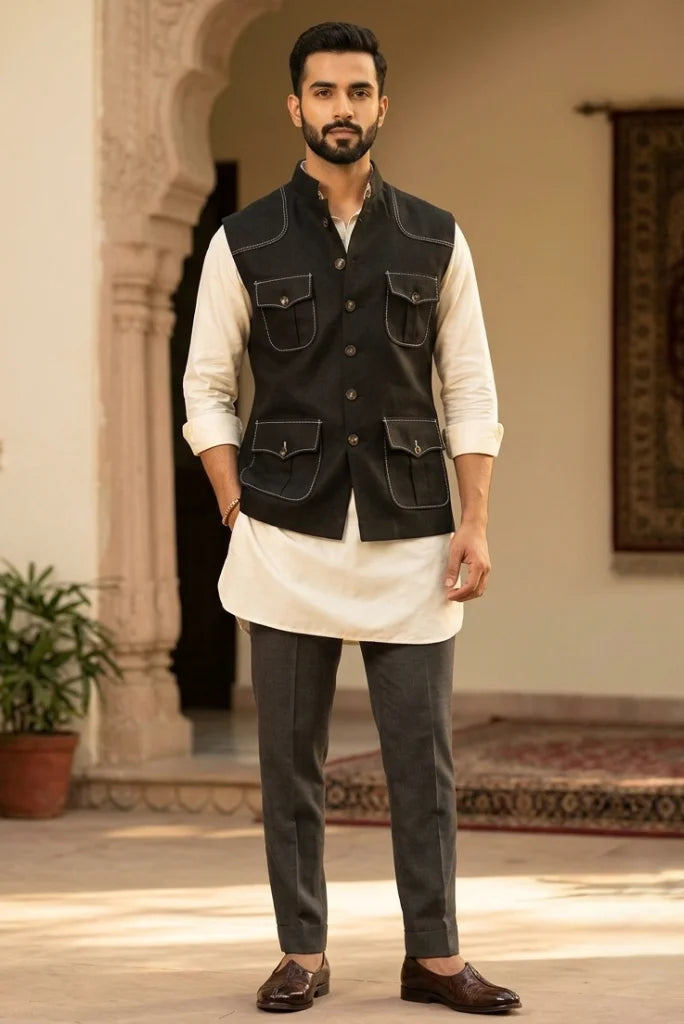 black Nehru jacket over cream kurta with grey trousers front view