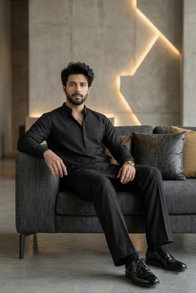 black bootcut kurta pajama men collar detail