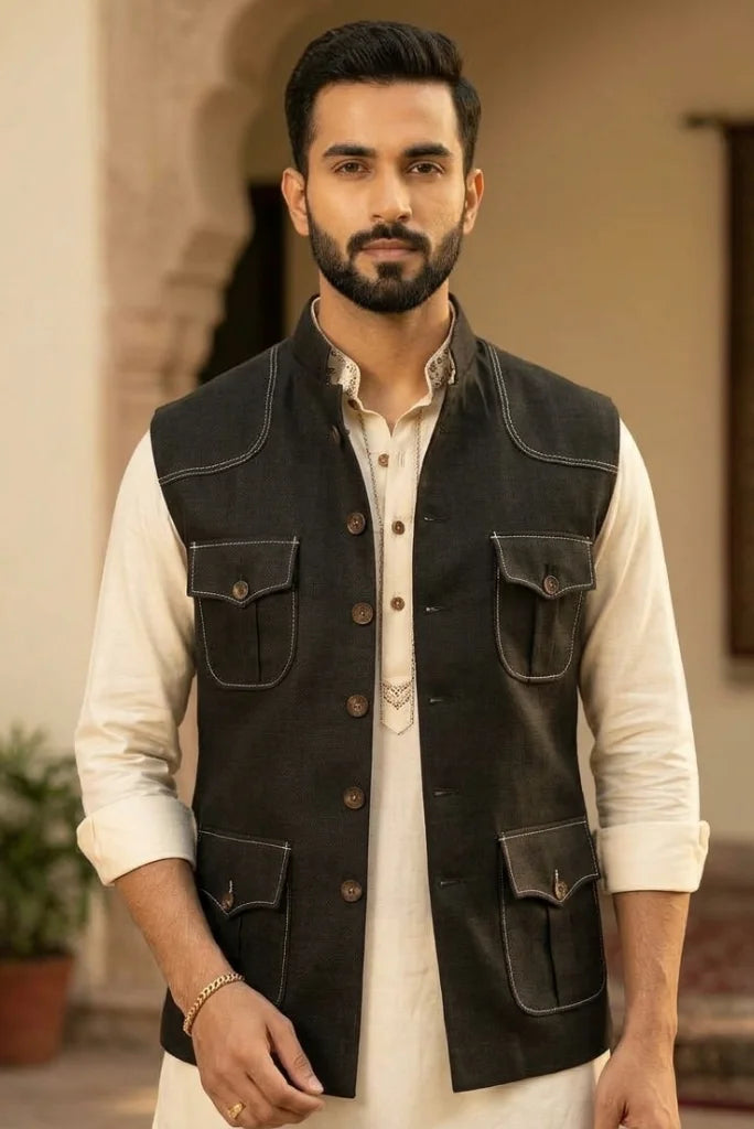 black cotton Nehru jacket featuring Chawal Tanka hand-stitch detailing Front half view