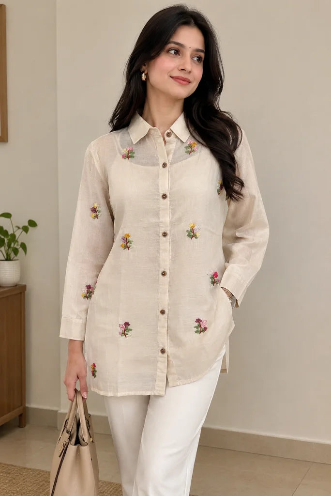 floral hand-embroidered top with removable inner lining_women_sfusionwear_Davanchy India front view