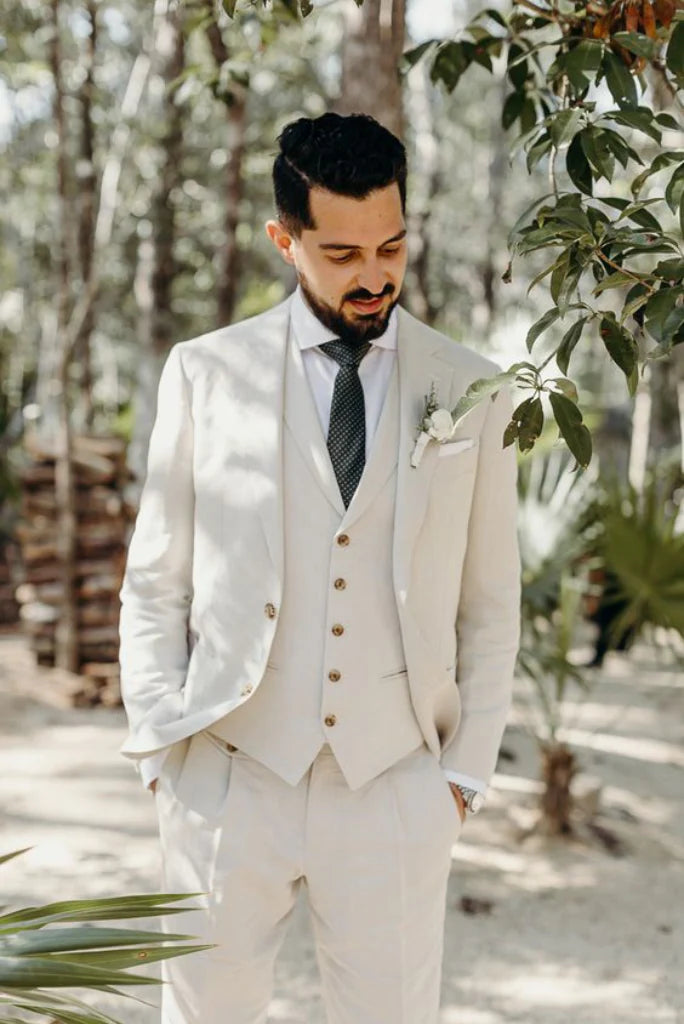 beige three piece suit for men-Front