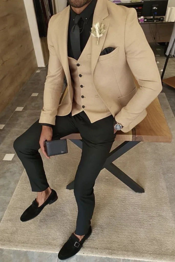 beige three piece wedding wear suit for men-Front