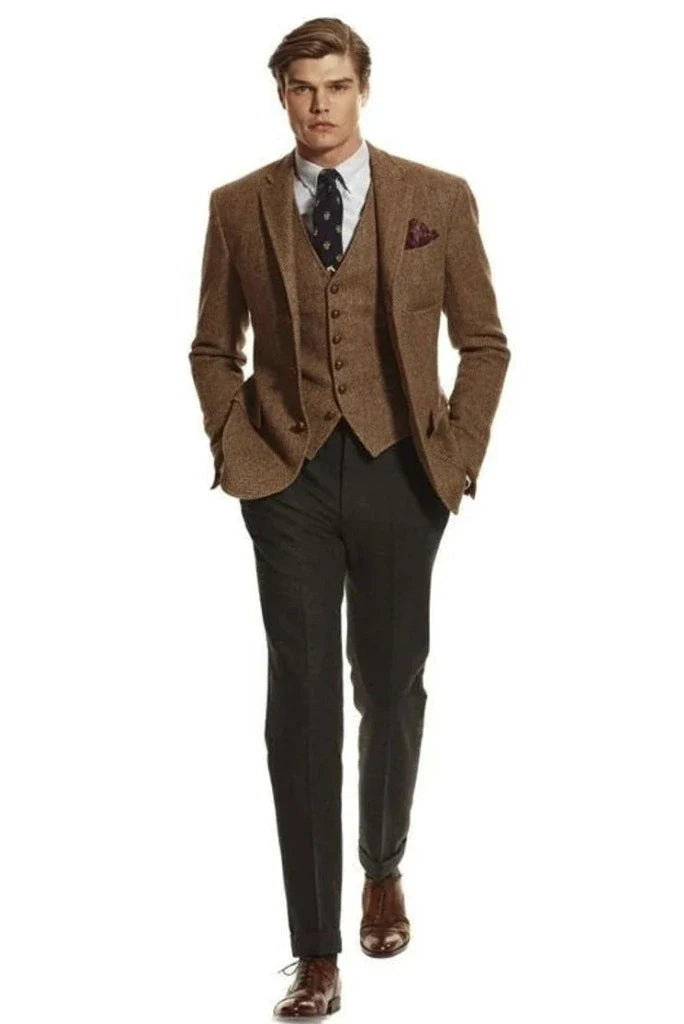 tweed three piece winter suit for men-Front