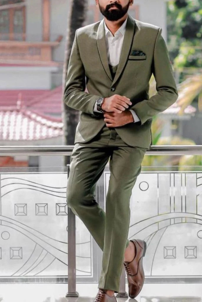 men olive green three piece wedding wear suit-Front