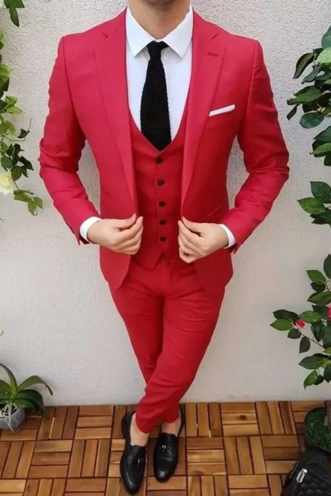 red three piece party wear and wedding wear suit for men-Front