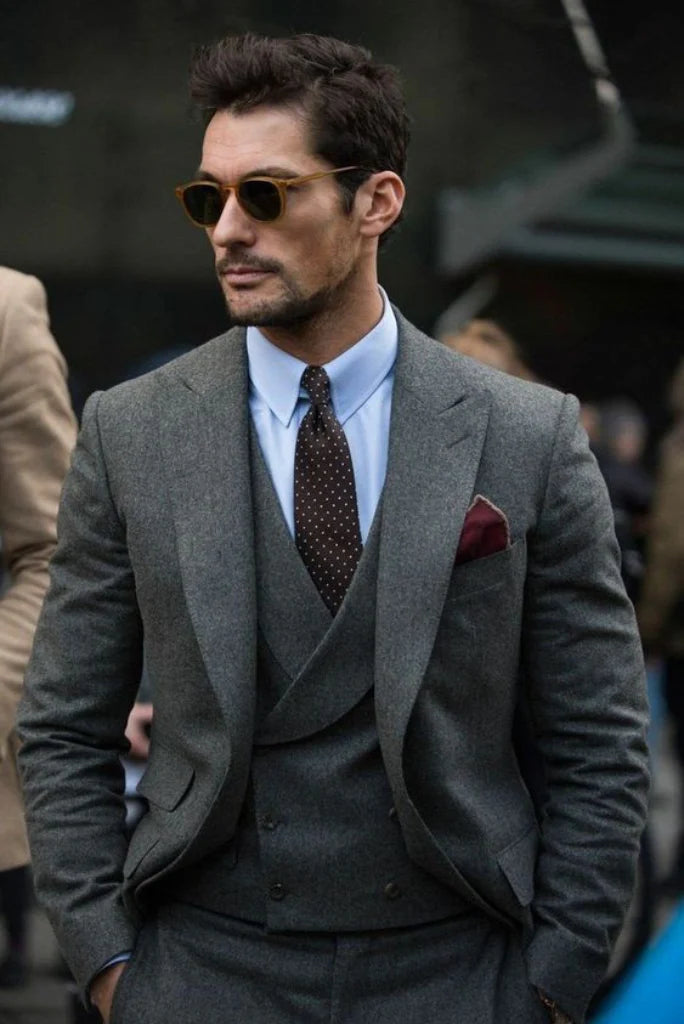 tweed slim fit three piece suit for men-Front