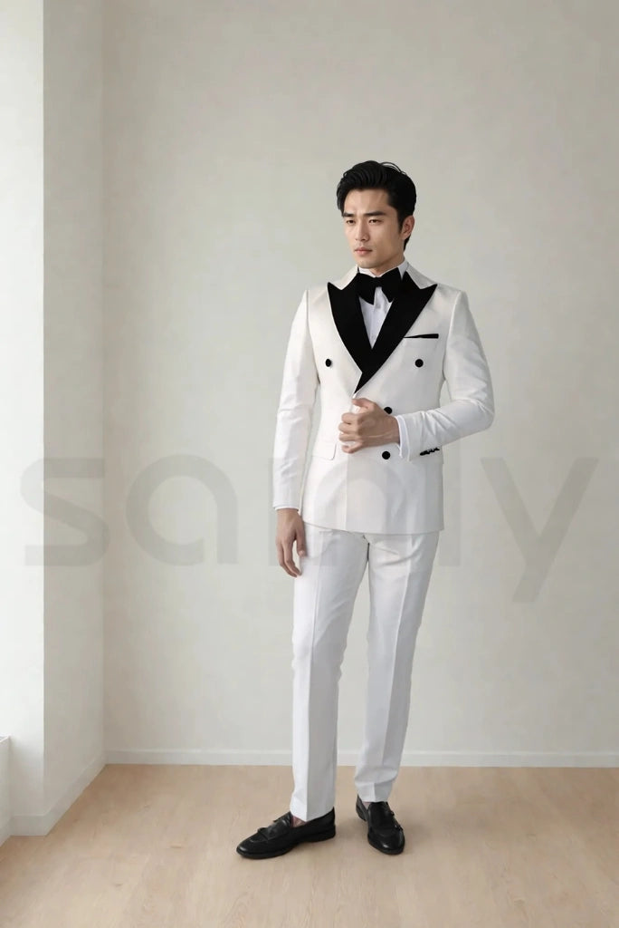 Classic white double breasted wedding suit for men-front