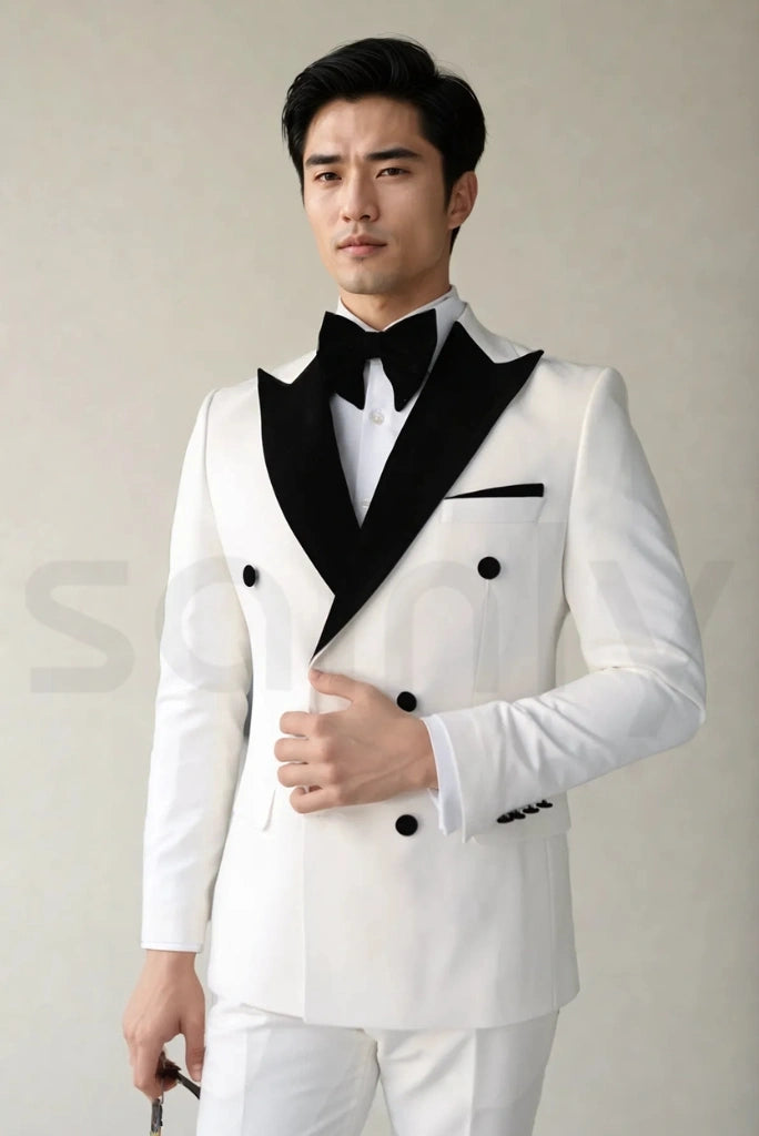 Trendy white double breasted blazer suit for men-front