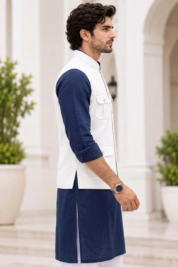 off white ethnic jacket_ men_ s Indian waistcoat_ wedding jacket for men side view