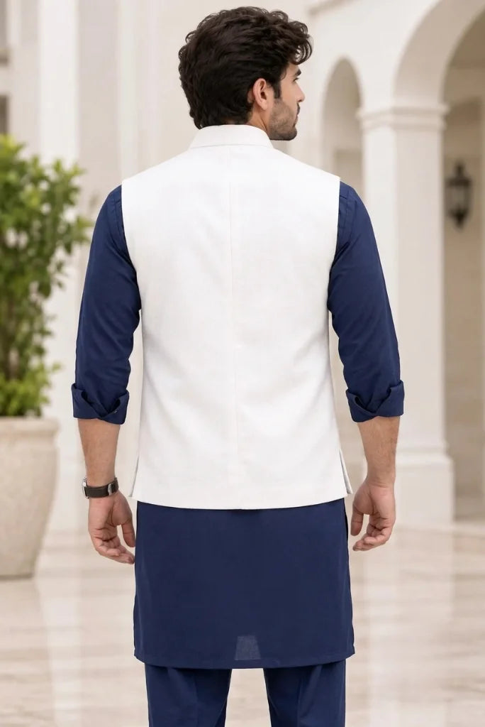 off white ethnic waistcoat for men with a classic Nehru collar back view