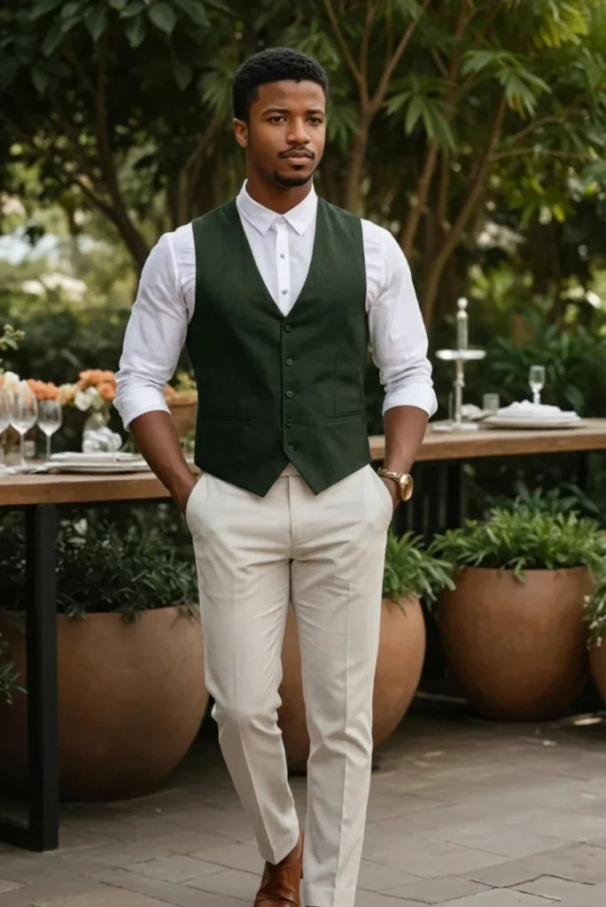olive_green_V-neck_waistcoat_with_white_shirt_and_beige_trousers_front_view