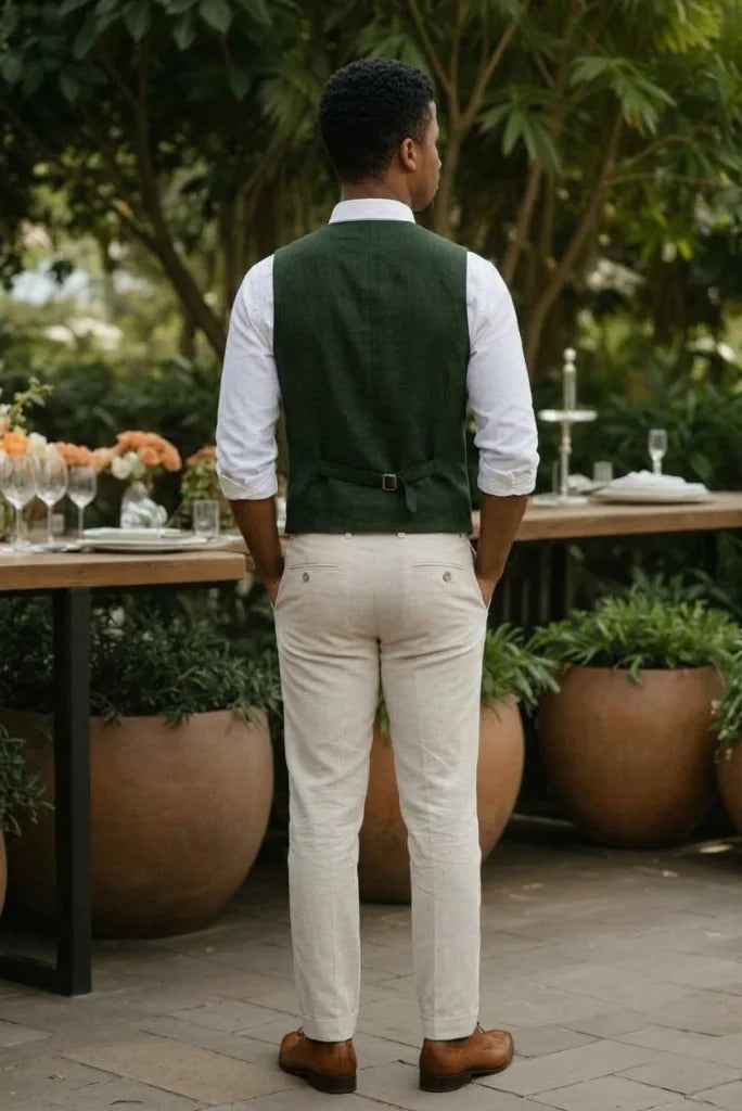 olive_green_v_neck_waistcoat_men-Back